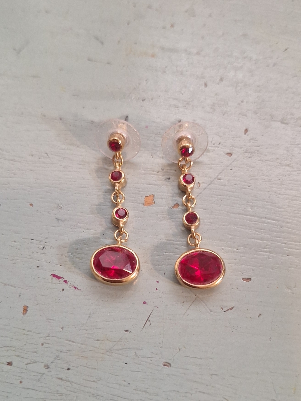 Vintage ROMAN Gold-Tone Red Stone Dangle Earrings